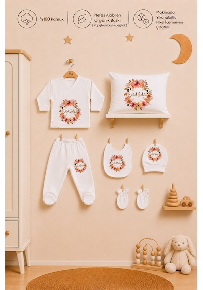 Pia Baby Kız Bebek İsme Özel Yastık Kılıfı Ve Zıbın Seti %100 Pamuk 6 Parça İsimli Organik Baskı 2077yzyx Ekru