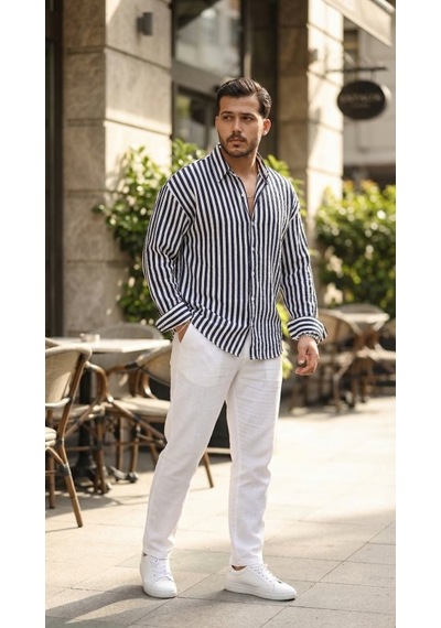 Veraura Lifestyle Erkek Dikey Çizgili Yarım Oversize Gömlek Lacivert