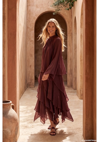 Lale Butik Fırfır Detay Bluz Ve Etek Takım 220895 Mürdüm