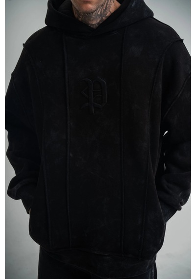 Barlashive Erkek 3 İplik Pamuklu Kapüşonlu Yıkamalı Nakışlı Hoodie Sweatshirt - Siyah Çok Renkli