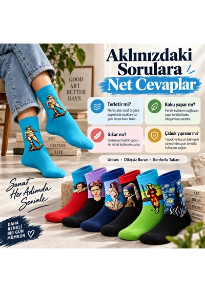 Çorap Giyim Unisex Çorap Sanat Temalı Renkli 7'li Set Portre Tablo Desenli Uzun Soket Günlük Eğlenceli Çorap Şık Çok Renkli