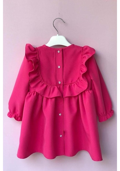 Fırfır Ve Kurdele Detaylı Tasarım Şeker Pembe Kız Çocuk Bebek Elbise 001