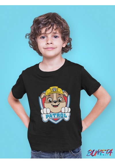 Bumeta Sarı Kasklı Kurtarıcı Rubble Paw Patrol Çocuk Tişört T-shirt Siyah