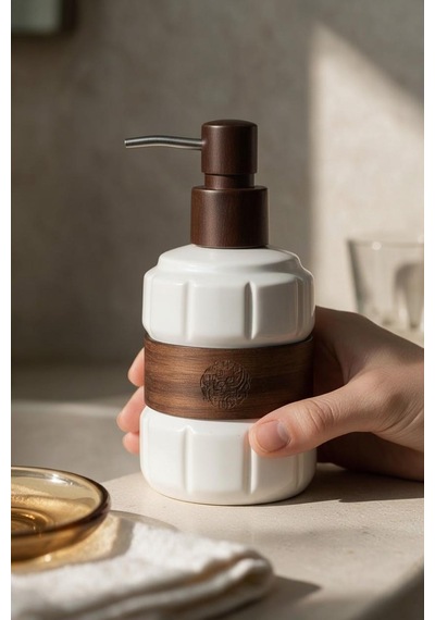 Ahşap Detaylı Porselen Sıvı Sabunluk 450 Ml Çelik Pompa Uçlu Mutfak Ve Banyo Deterjanlık Kahverengi
