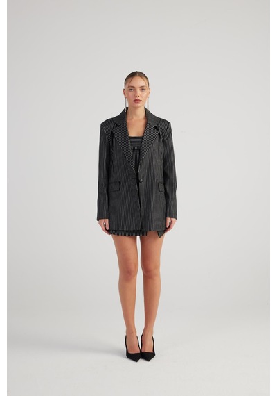 Holly Lolly Oversize Kesim Simli Çizgili Eden Blazer Ceket Siyah