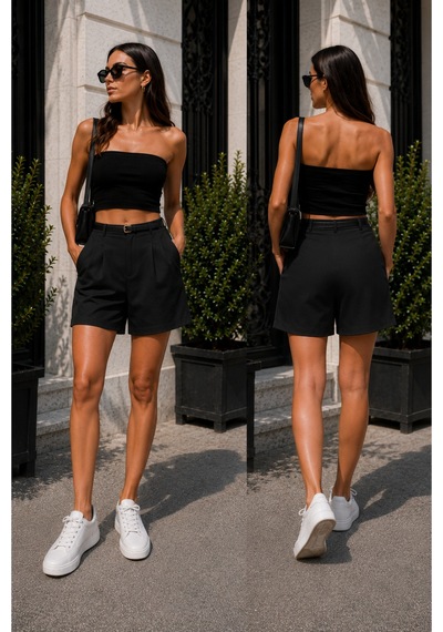 Winmoda34 Kadın Şehir Boyu Casual Şort 43 Cm Tam Boy Kemer Hediyeli Trend Model Siyah