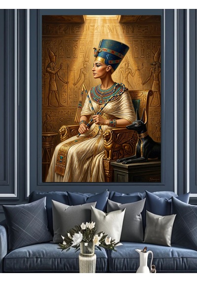 Tahtta Oturan Mısır Kraliçesi Nefertiti Dekoratif Kanvas - Mdf Ahşap Tablo