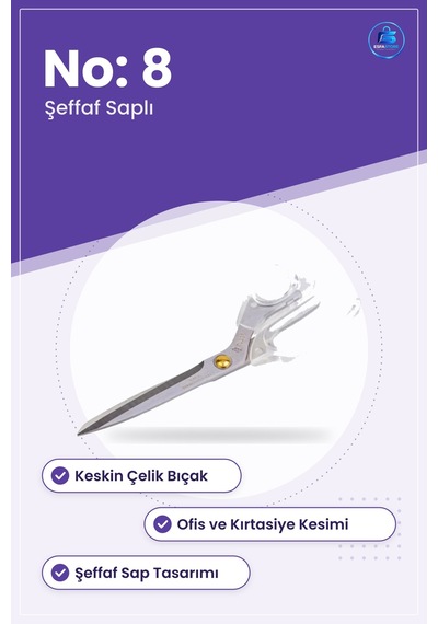 Şeffaf Saplı Makas No: 8 Kırtasiye Ofis Dikiş Kumaş Kesim Makası