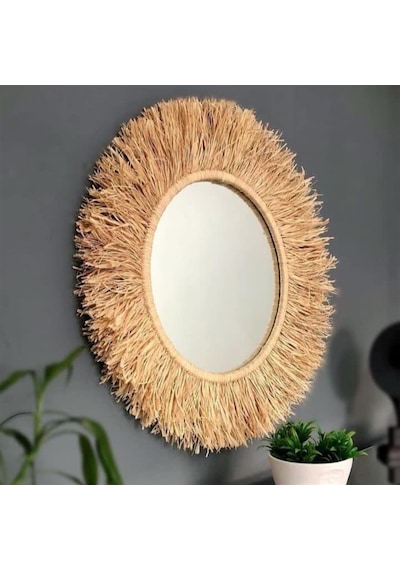 Reyo Home Bohem Ahşap Rafya Ayna