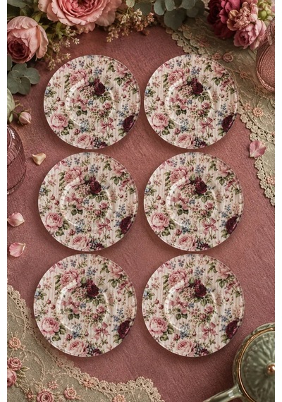 6 Lı Cam Çay Tabağı Pembe Gül Ve Çiçek Desenli 12 Cm 6 Adet Çay Tabak