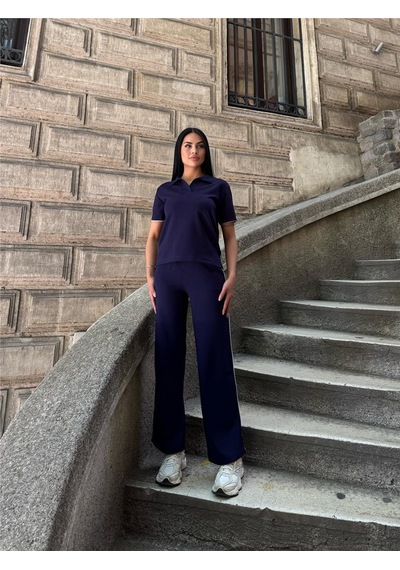 WeShaya Laci Polyester Elastan Polo Yaka Takım Lacivert
