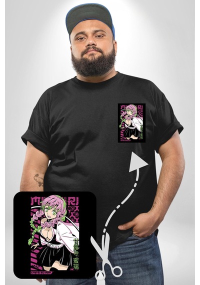 Angemiel Anime Demon Slayer Kimetsu No Yaiba Mitsuri Kanroji Siyah Büyük Beden Kadın Basic Minimal Baskılı Tişört Siyah