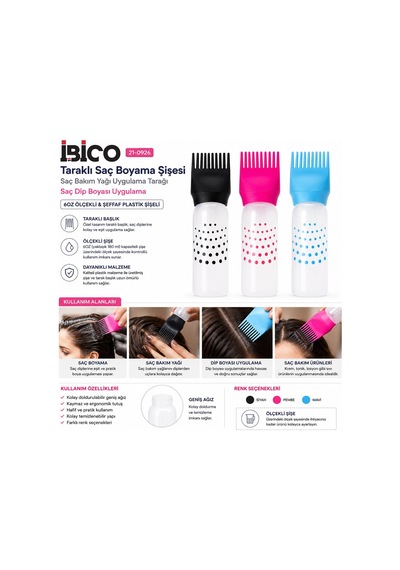 İbico İ15-075 Saç Boyama Tarak Renkli Plastik 6oz Ölçekli Şeffaf Plastik Şişeli