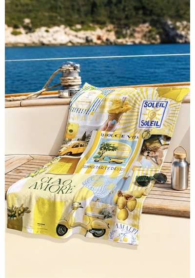 Limon Temalı Amalfi Akdeniz Plaj Havlusu-italyan Yaz Kolaj Sarı Mavi Hızlı Kuruyan Mikrofiber Havlu Çok Renkli