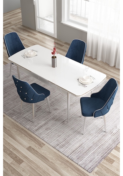 Canisa Tia Serisi 80x132 Açılabilir Mdf Mutfak Masası Takımı Beyaz Masa Krom Detay 4 Lacivert Sandalye Masa Beyaz Sandalye Lacivert Canisa Tia Serisi 80x132 Açılabilir Mdf Mutfak Masası Takımı Beyaz Masa Krom Detay 4 Lacivert Sandalye Masa Beyaz Sandalye Lacivert