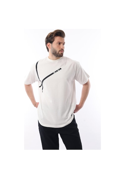 Madmext Ekru Bisiklet Yaka Şerit Detaylı Pamuklu Erkek T-shirt E7033 Ekru