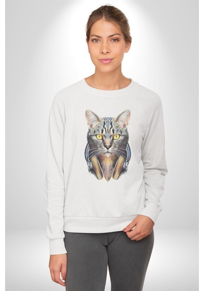 Kulaklık Kedi Unisex Beyaz Baskılı Sweatshirt Beyaz