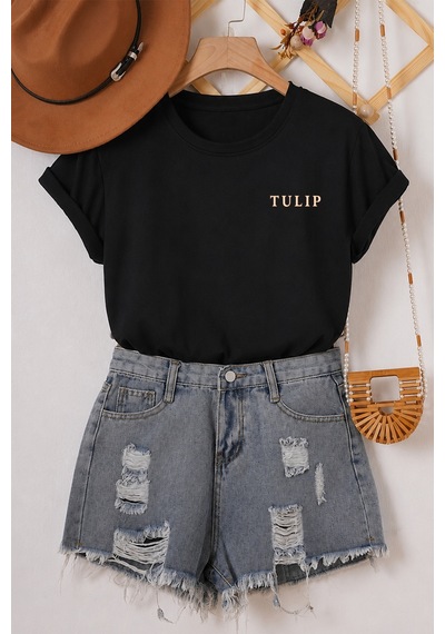 Spoyi Tulip Tasarımlı %100 Pamuk Yarım Oversize Siyah T-shirt