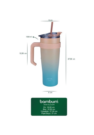 Bambum Horizon - Pipetli Termos Bardak Turkuaz 1000ml Mavi