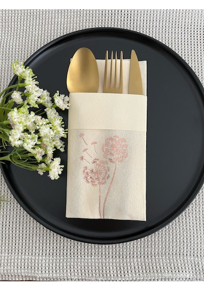 Rose Gold Yaldızlı Kumaş Dokulu Air Laid Kanguru Hindiba Krem Cepli Peçete 6 Lı