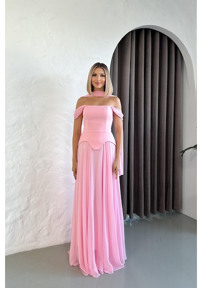 Livanomi Düşük Omuz Eteği Şifon Uzun Pembe Abiye Pembe
