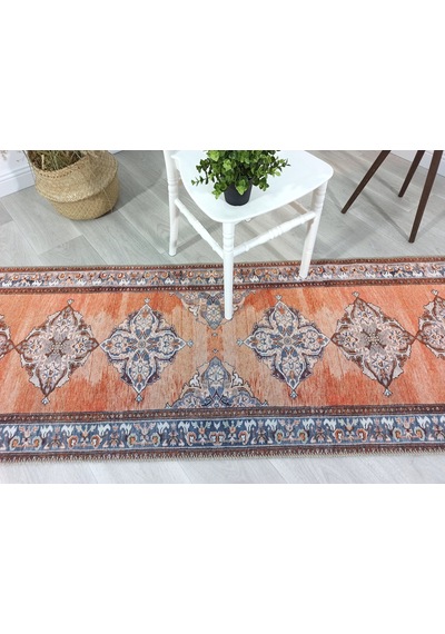 Turuncu Ve Mavi Medalyonlu Vintage Halısı - 20193264ou