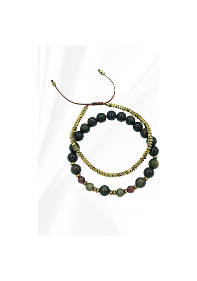 Sertifikalı Gold Obsidyen, Pirit, Lal Ve Hematit Doğal Taşlı Erkek Bileklik Seti 2'li Siyah