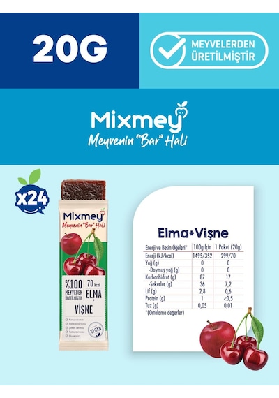 Mixmey Vişne Meyve Barı 24 Adet | Atıştırmalıklar – Vegan, Glutensiz, Koruyucusuz (20GR X 24 ADET)