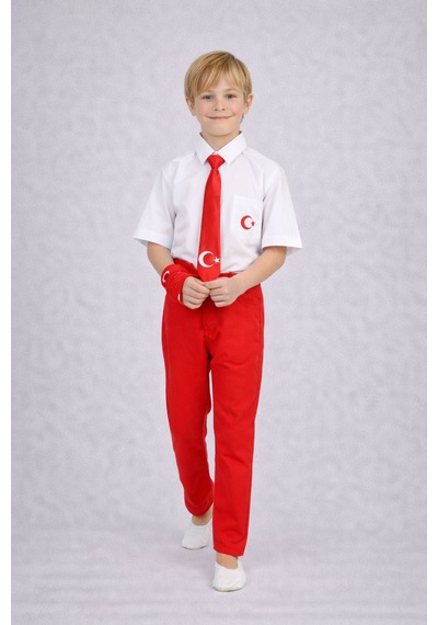 Erkek Çocuk Takım Likralı Pantalon Kısa Kol Gömlek Kırmızı Kırmızı