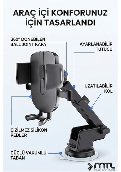 Katılabilir Ve 270 Ayarlanabilir Kol Araç İçi Telefon Tutucu Dayanıklı Ve Güçlü Vantuzlu Siyah