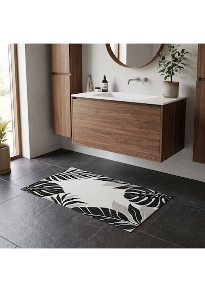Kartela Halı Botanik Yaprak Desenli Banyo Paspası Siyah Beyaz Kaymaz Taban 60x90 Cm