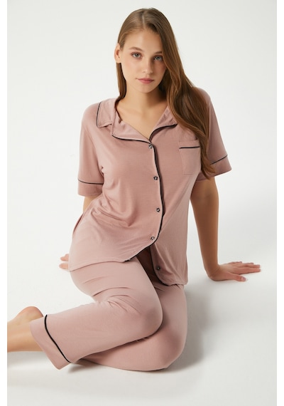 Ritnice Kadın Vanessa Viskon Ön Düğmeli Kısa Kol Biyeli Pudra Alt Üst Pijama Takımı