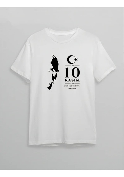Defymoda 10 Kasım Atatürk Anma Günü Silüet Baskılı Oversize Bisiklet Yaka T-shirt - Beyaz