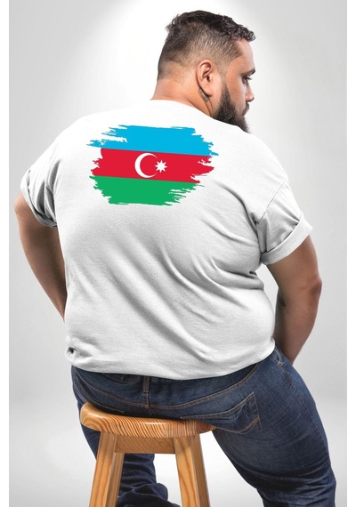 Angemiel Azerbeycan Bayrağı Büyük Beden Beyaz Tişört Kadın Erkek Ünisex Sırt Baskılı Beyaz