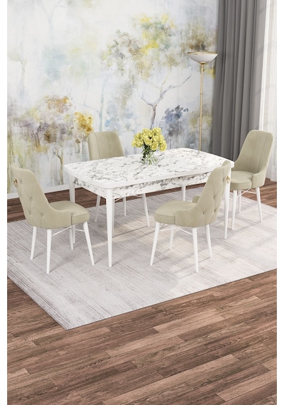 Mona Beyaz Mermer 80x132 Açılabilir Mdf Masa Yemek Odası Takımı, Mutfak Takımı 4 Adet Sandalye Beyaz Mermer - 4 Krem - Beyaz Ayak Mona Beyaz Mermer 80x132 Açılabilir Mdf Masa Yemek Odası Takımı, Mutfak Takımı 4 Adet Sandalye Beyaz Mermer - 4 Krem - Beyaz Ayak