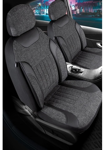 Citroen C5 Aircross İle Uyumlu Lüx Deri Detaylı Keten Oto Koltuk Kılıfı Ön Arka Takım Edition Serisi Siyah Genel