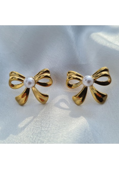 Luxe Pearl Bow Küpe Altın