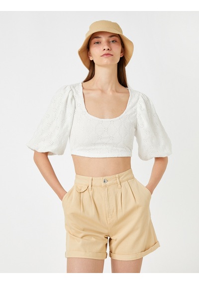Koton Fisto Crop Tişört U Yaka Ekru 2sal10804ık Ekru