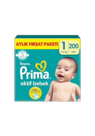 Prima Aktif Bebek Bezi 1 Numara Yenidoğan Aylık Fırsat Paketi 200 Adet