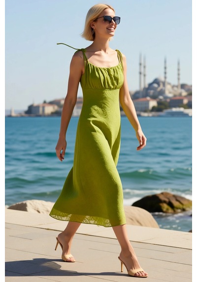 Benerly Kadın Çiçekli Desen A-line Midi Elbise İnce Askılı Straplez Büzgü Yeşil