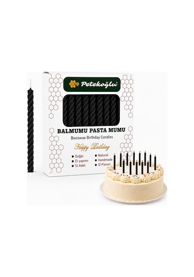 Petekoğlu Siyah Balmumu Mum El Yapımı Küçük Boy Doğum Günü Ve Pasta Mumu 12'li 6,5 Cm Diğer