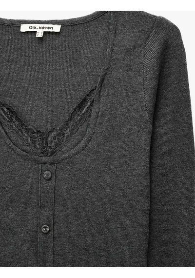 Koton İkili Katmanlı Dantel Detaylı Slim Fit U Yaka Uzun Kollu Düğmeli Triko Hırka Antrasit 7wal90146ıt