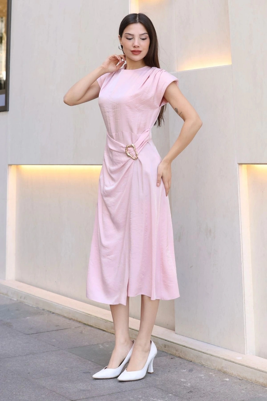 Lodmela Toka Ve Drape Detaylı Soft Saten Midi Elbise 6042-pembe Pembe