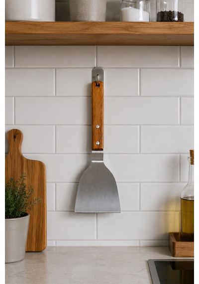 Japon Spatulası Bıçaklı Ve Delikli - Profesyonel 304 Kalite - Teppanyaki Stil Spatula - Ahşap Akasya Saplı - Hem Dekoratif Hem Pratik Paslanmaz Çelik