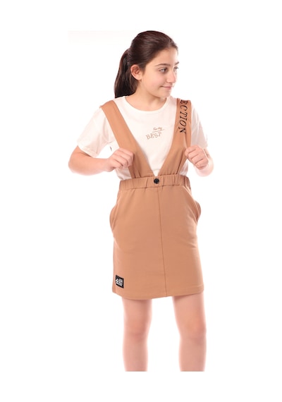 Toontoy Kız Çocuk Bisiklet Yaka Basic T-shirt Ve Askılı Cepli Nakış Baskılı Salopet Elbise - 2'li Takım Kahverengi Toontoy Kız Çocuk Bisiklet Yaka Basic T-shirt Ve Askılı Cepli Nakış Baskılı Salopet Elbise - 2'li Takım Kahverengi
