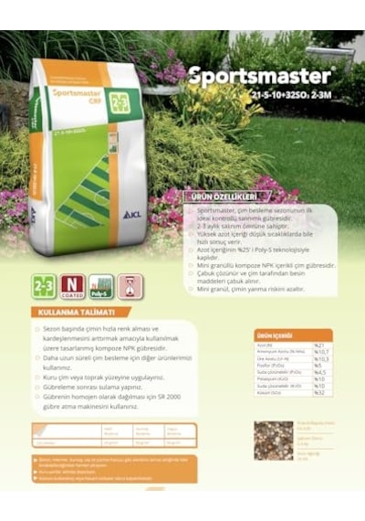 21-5-10+32so₃ Kontrollü Salınımlı Çim Gübresi 2-3 Ay 25 Kg 0.75 LT - 2.5 LT - 12 KG
