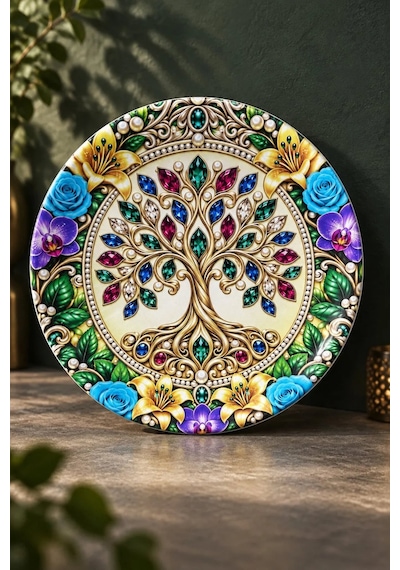 Dekoratif Duvar Tabağı Renkli Hayat Ağacı Desenli 27 Cm - Dekorlu Seramik Tabak