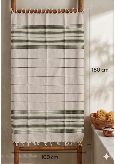 Pamuk Peştemal 100x180 Cm Çizgili Plaj Havlusu, Hamam Havlusu, Sauna Havlusu, Çok Amaçlı Kullanım Haki