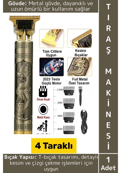 Premium T Bıçak 4 Taraklı Sakal Ense Çizik Şekillendirme Şık Tasarım Kablosuz Şarjlı Tıraş Makinesi 1 - 2 Saat