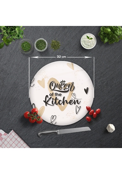 Cam Kesme Tahtası|Queen Of The Kitchen Love|Çap32cm